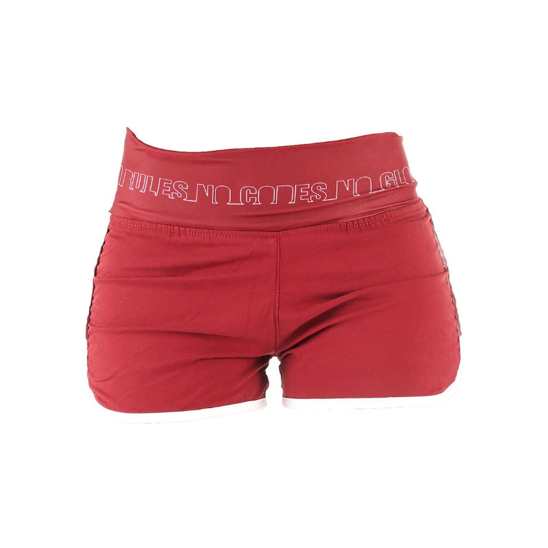 Short d’escalade femme Nograd Franc rouge, vue de face avec large ceinture imprimée et liseré blanc