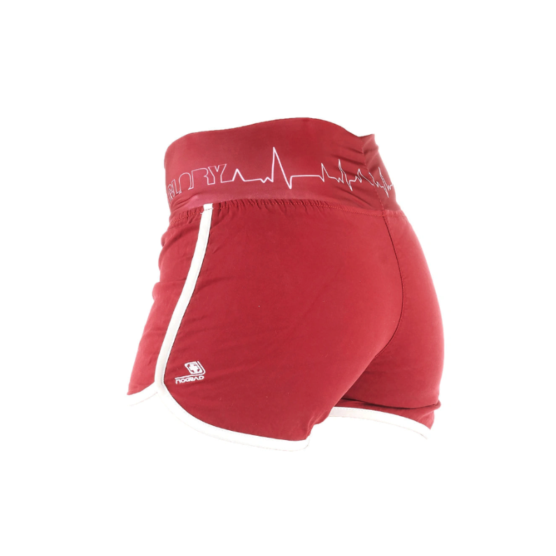 Short d’escalade femme Nograd Franc rouge, vue arrière trois quarts avec large ceinture imprimée