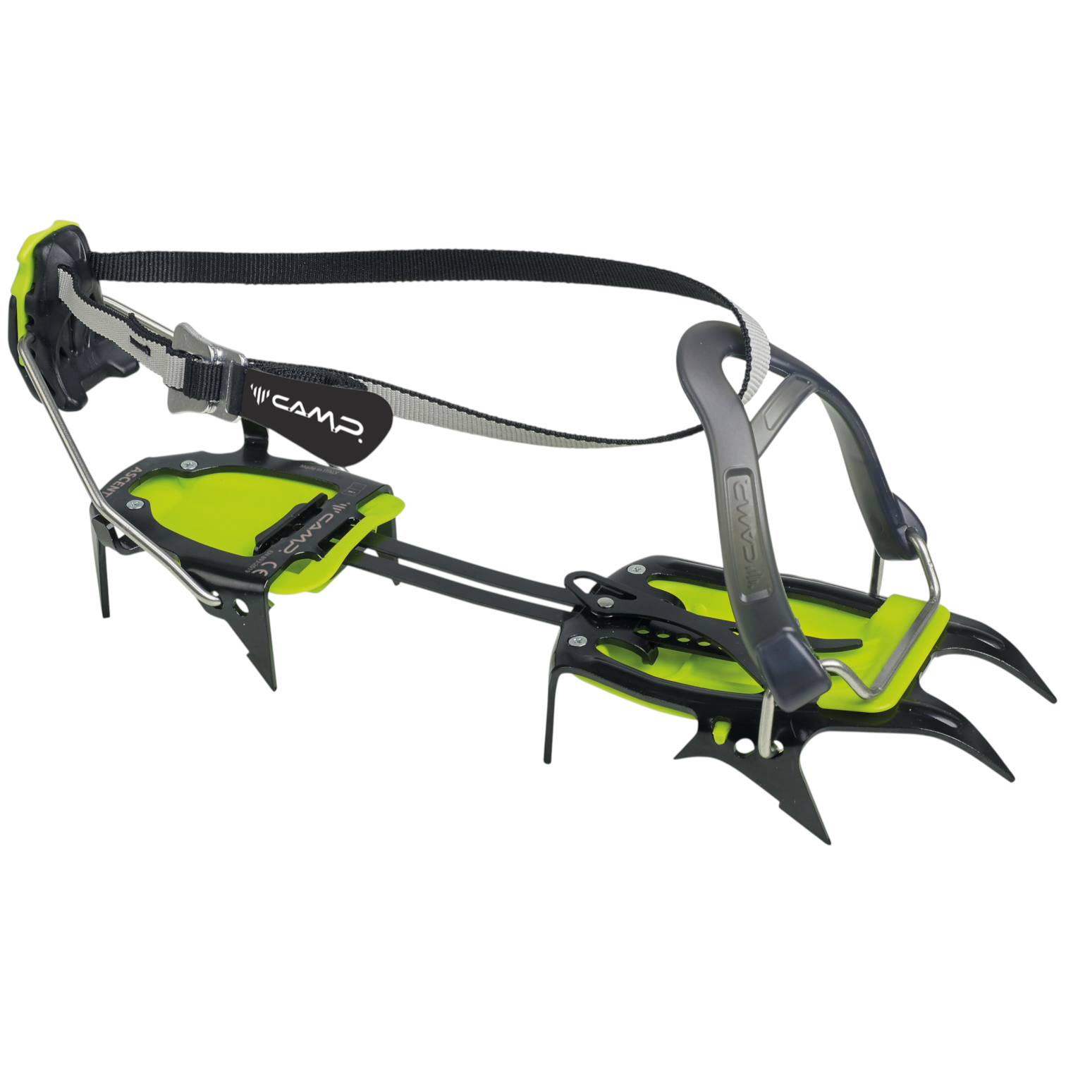Crampón 4c+ Camp Ascent de acero con 10 puntas, diseño ligero en color verde y negro para alpinismo y glaciares.