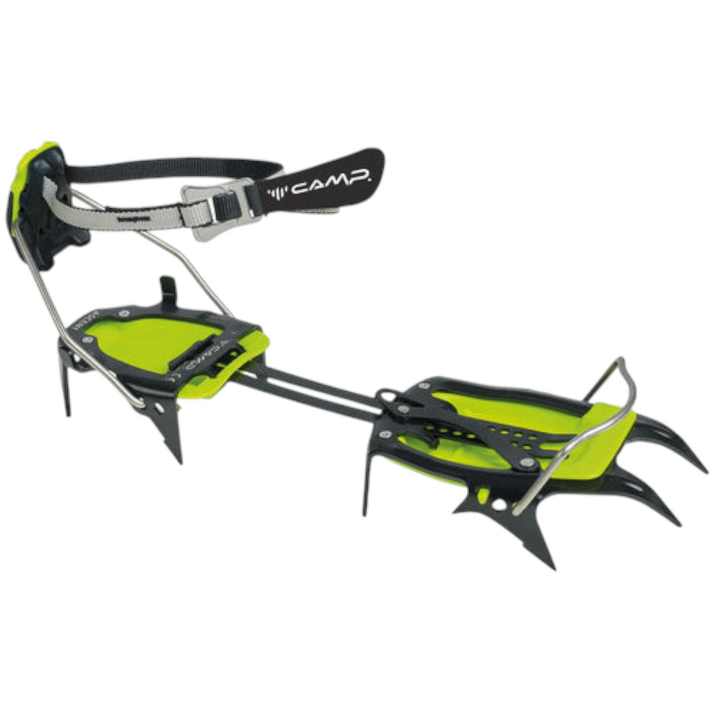 Crampón de acero 4c+ Camp Ascent de 10 puntas con sistema de fijación ajustable y antibott en color verde y negro