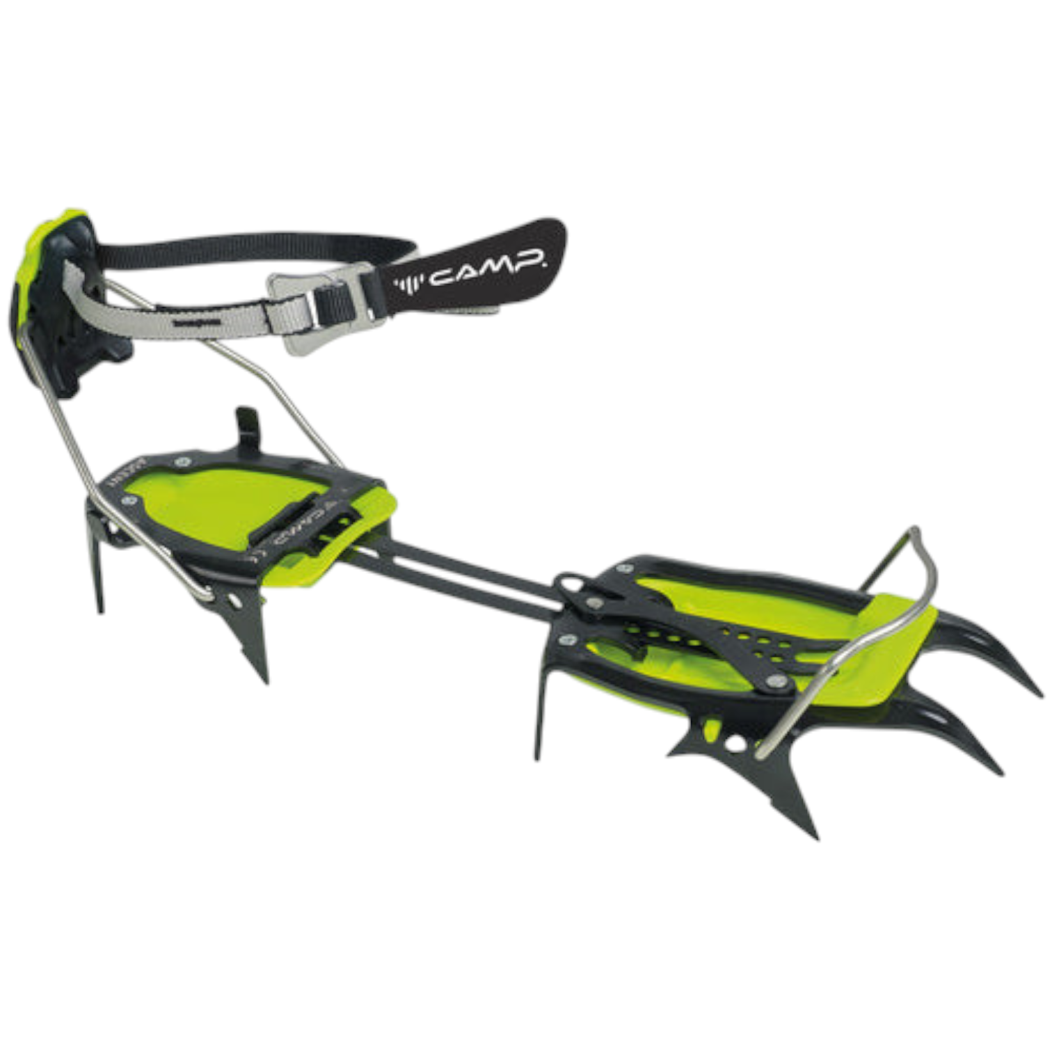 Crampón de acero 4c+ Camp Ascent de 10 puntas con sistema de fijación ajustable y antibott en color verde y negro