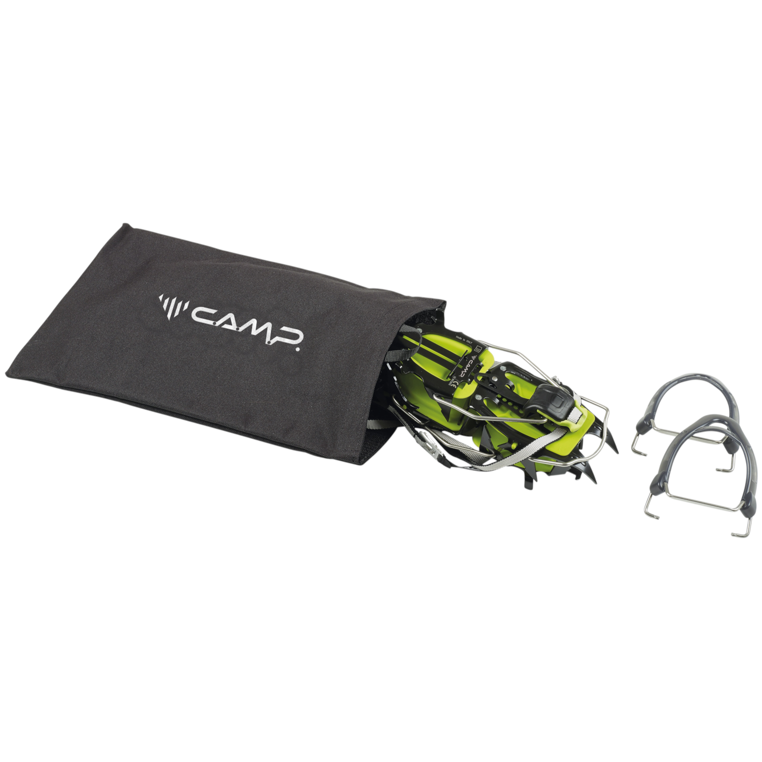 Crampones de acero 4c+ Camp Ascent de 10 puntas en color verde con funda de transporte negra para alpinismo