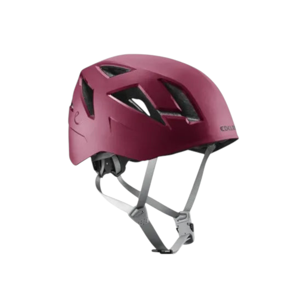 Casque d'escalade Edelrid Zodiac II bordeaux de 4c+ avec système de ventilation et clips pour lampe frontale
