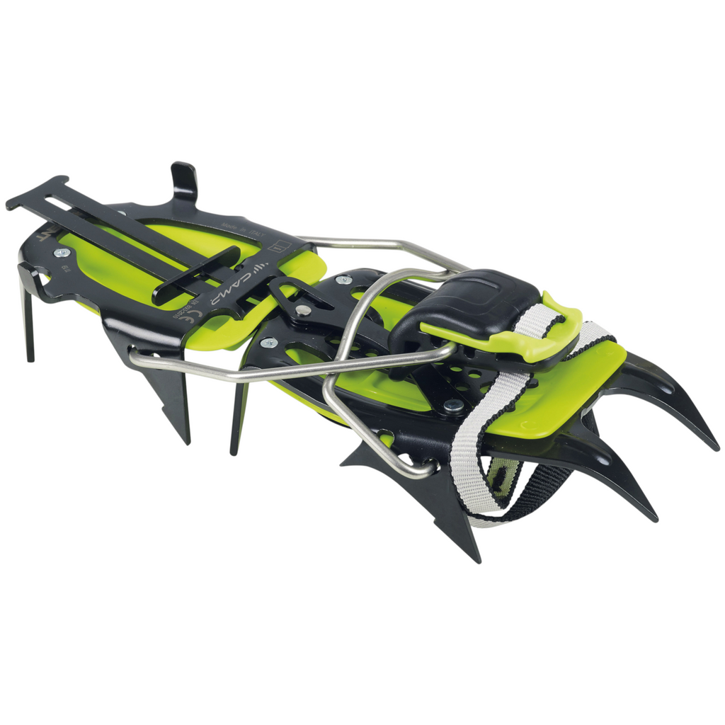Crampón de acero 4c+ Camp Ascent de 10 puntas en color verde y negro con sistema de fijación ajustable
