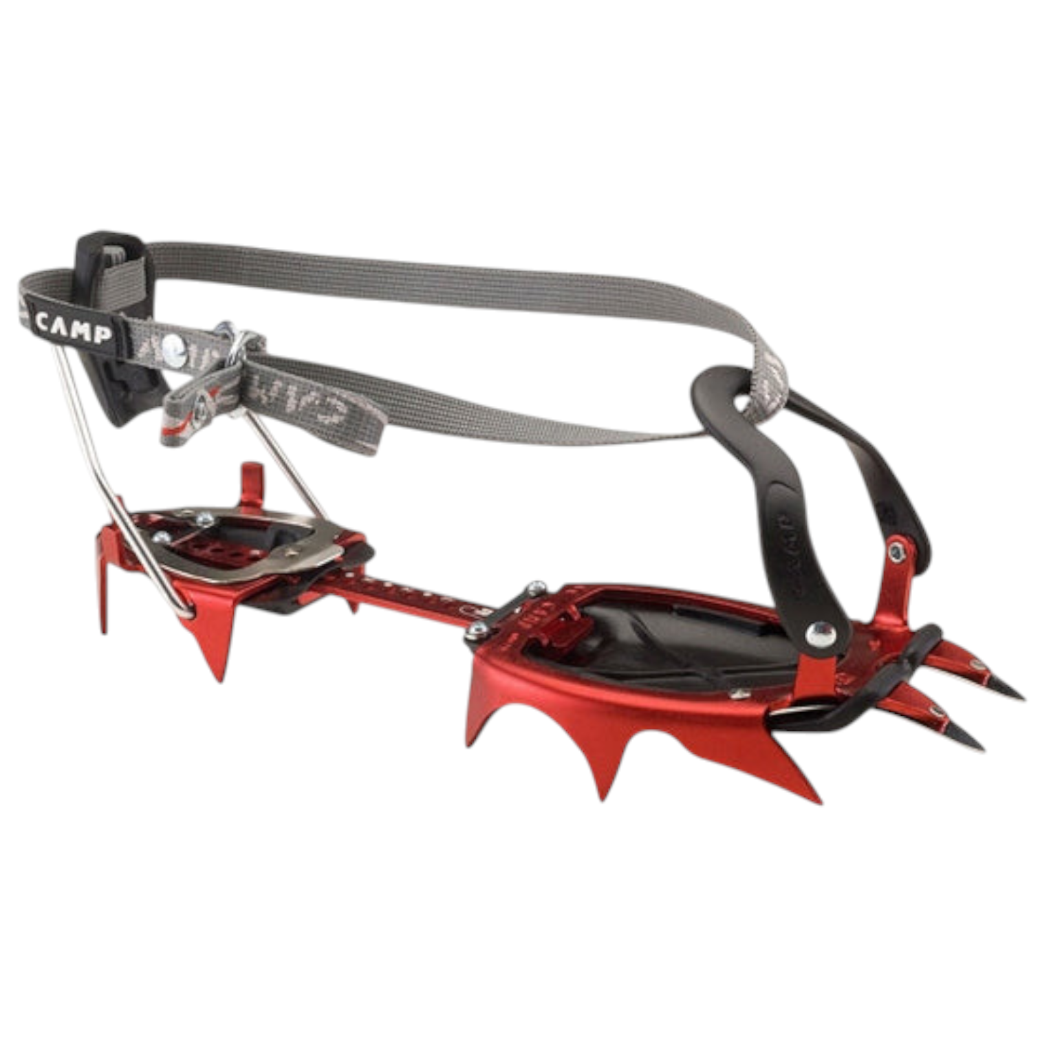 Crampons 4c+ CAMP XLC Nanotech Semi Auto rouges en aluminium avec pointes en acier et fixation semi-automatique.