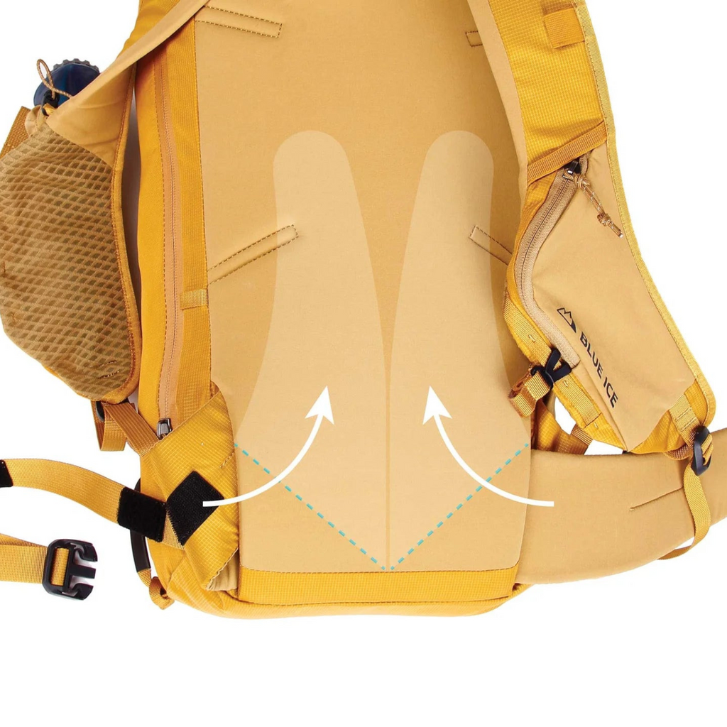 Dos du sac à dos d'alpinisme 4c+ Firecrest 28 jaune avec système de portage type gilet et poches poitrine intégrées