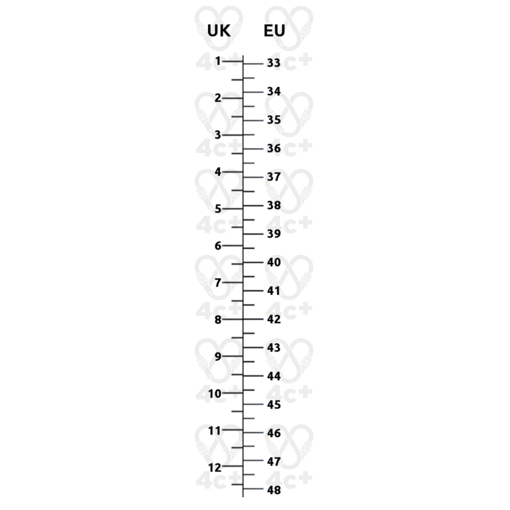 Guide des tailles 4c+ pour chaussons d'escalade Indalo avec équivalence entre pointures UK et EU