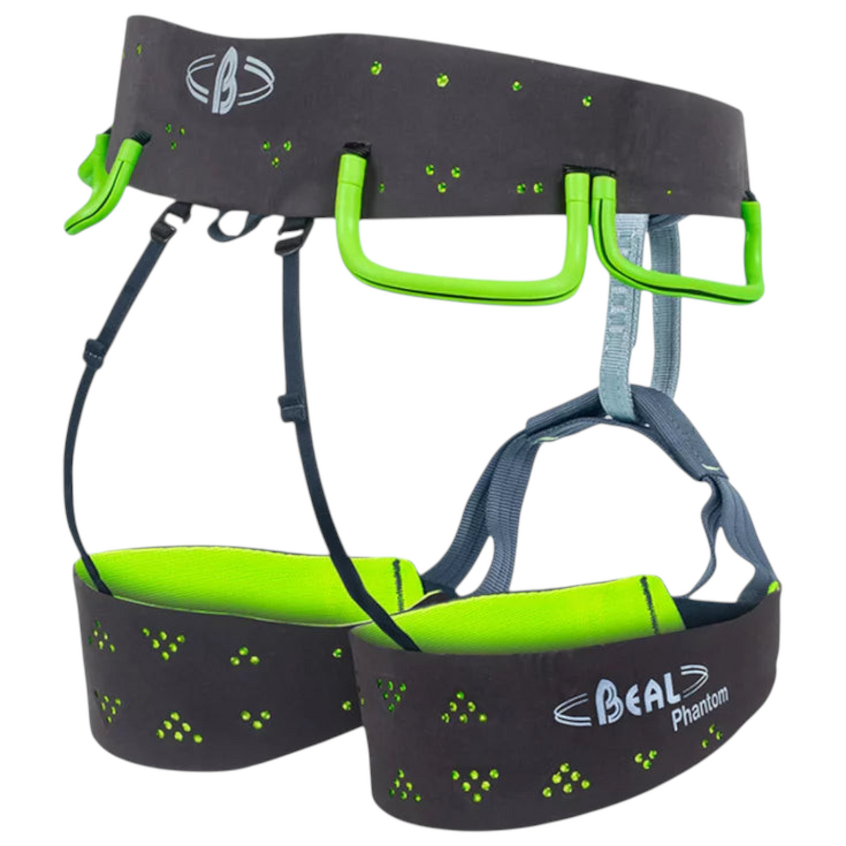 Harnais d'escalade 4c+ Beal Phantom gris et vert fluo avec technologie Web-Core et quatre porte-matériels