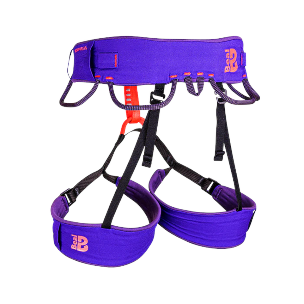 Harnais d'escalade ultra-léger 4c+ Morpheus de Beal en violet avec rembourrage ergonomique et trois boucles