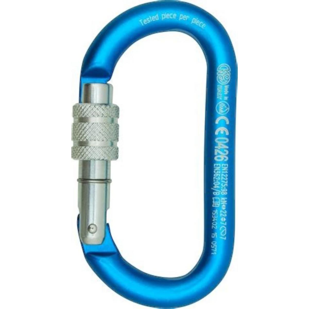 Mousqueton ovale 4c+ KONG en aluminium bleu avec virole à vis de sécurité et système Keylock pour escalade