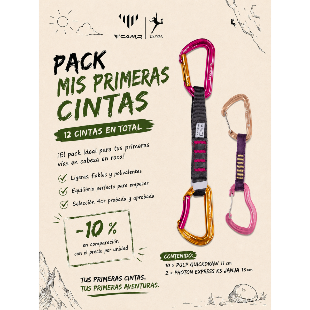 Pack de 12 dégaines 4c+ comprenant des modèles Pulp 11 cm et Photon Express Janja 18 cm pour l'escalade en falaise