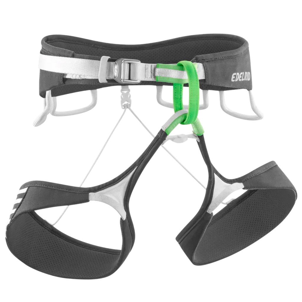 Baudrier de escalada ultraligero 4c+ Ace en color gris con detalles en verde, tecnología 3D-Vent Lite transpirable.
