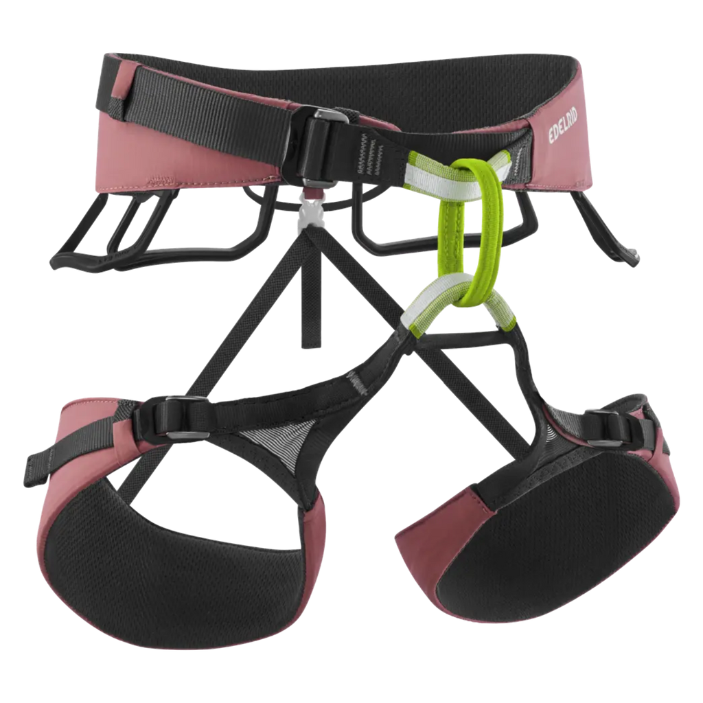 Baudrier d'escalade Edelrid Autana 4c+ rose et noir avec anneau central vert, léger et réglable pour alpinisme