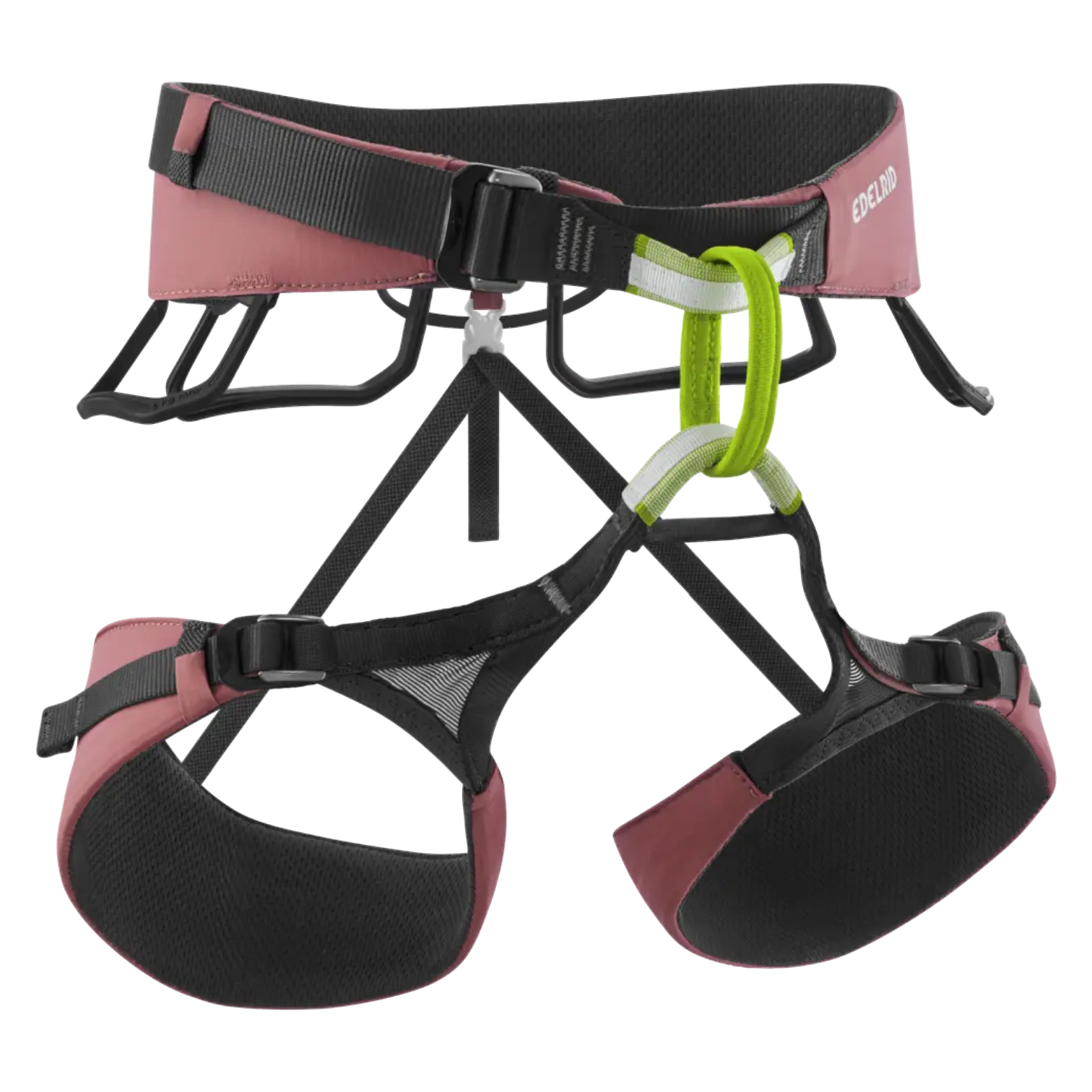 Baudrier d'escalade Edelrid Autana 4c+ rose et noir avec anneau central vert, léger et réglable pour alpinisme