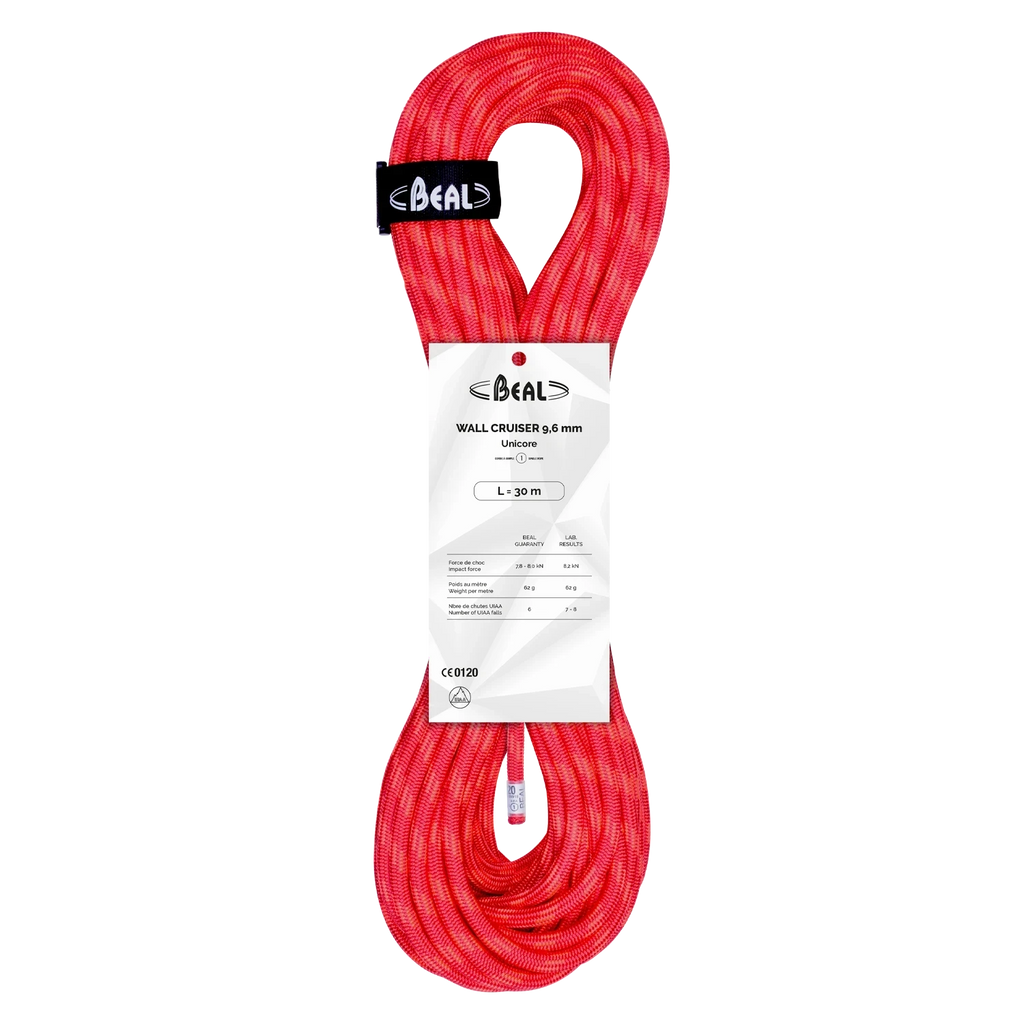 Corde d'escalade dynamique 4c+ Beal Wall Cruiser 9.6 Unicore rouge de 30 mètres pour débutants et salle