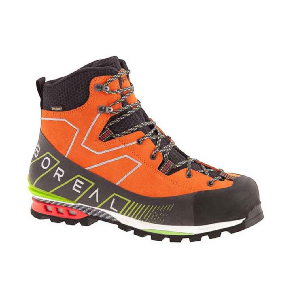 Chaussure d'alpinisme 4c+ Boreal Brenta orange et noire, tige montante technique avec semelle Vibram et membrane Dry-Line