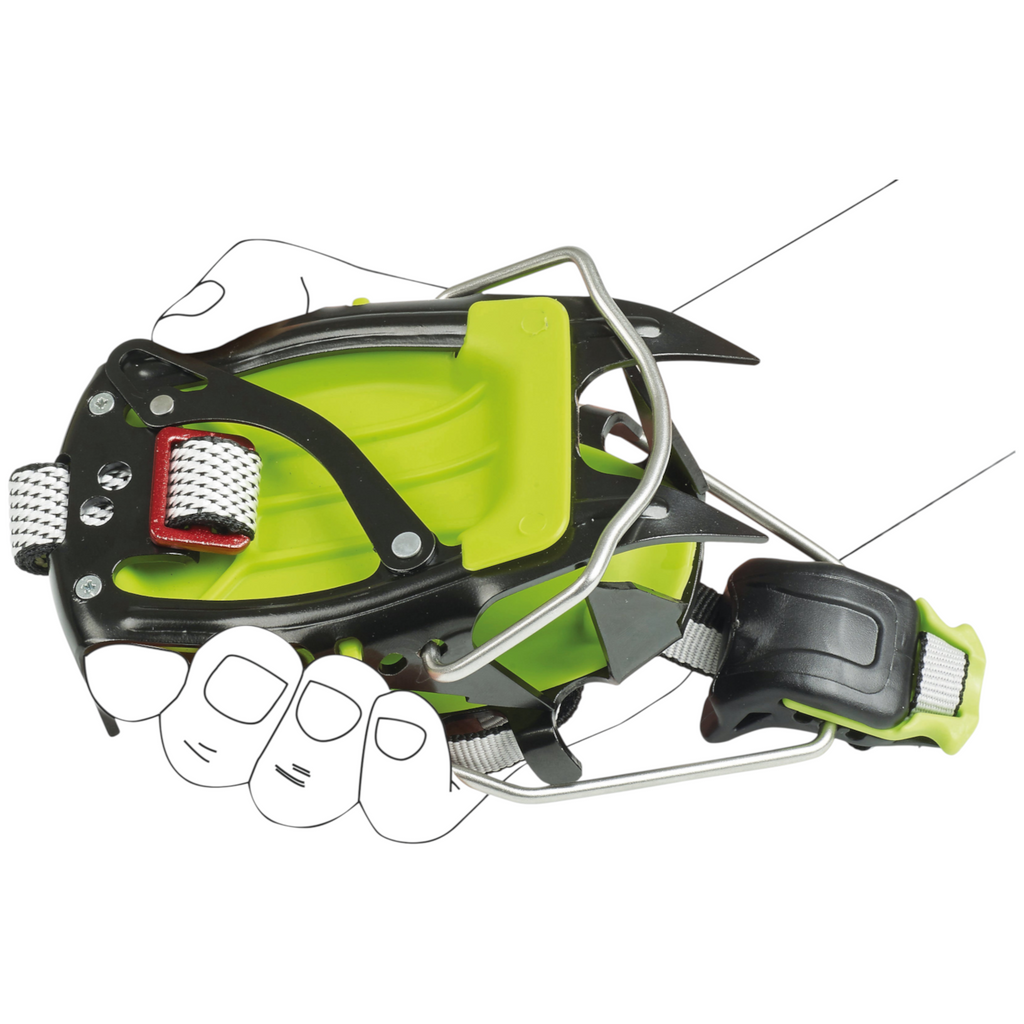 Crampón de acero 4c+ Camp Ascent de 10 puntas en color verde y negro con sistema de fijación versátil para alpinismo.