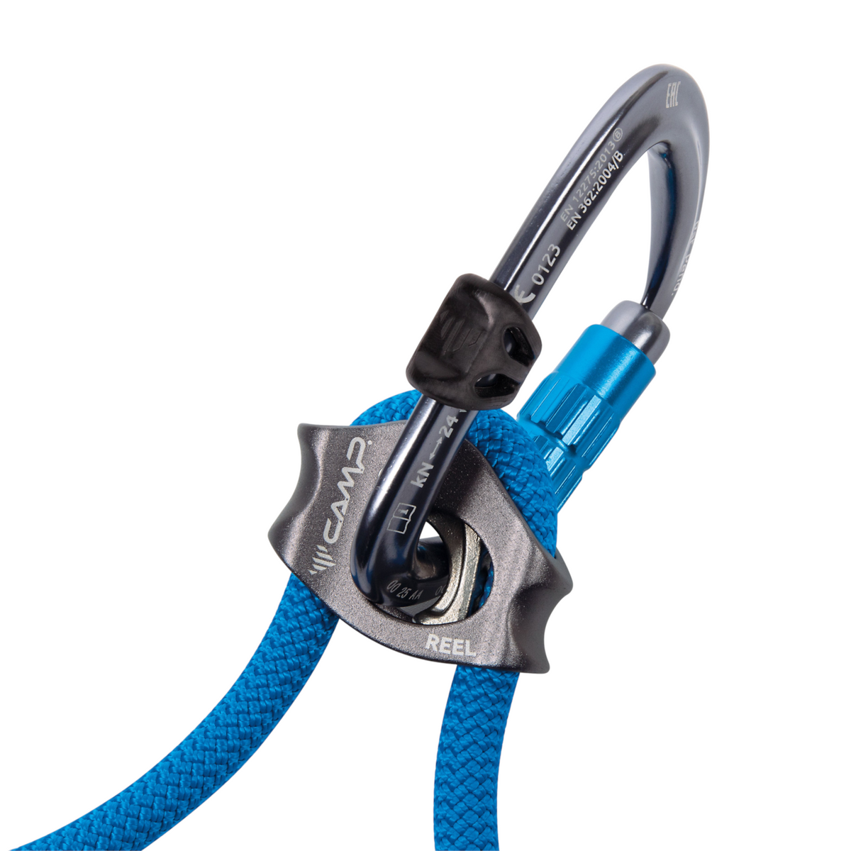 Outil de gestion de corde CAMP Reel 100 cm 4c+ avec mousqueton noir et corde bleue pour escalade et via ferrata