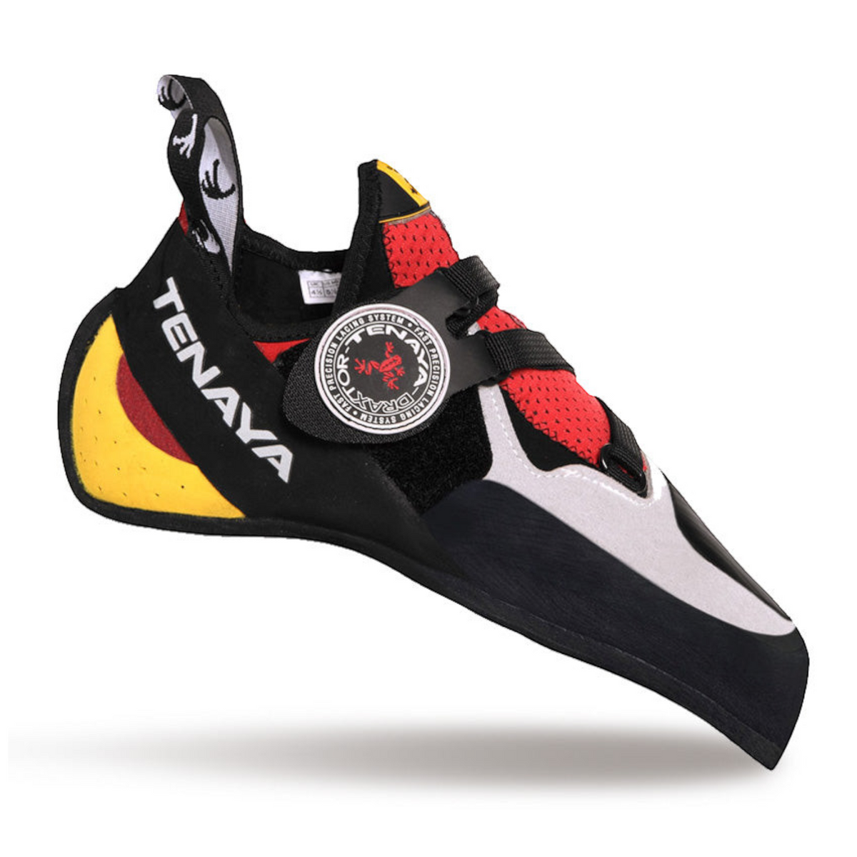 Chausson d'escalade 4c+ Iati rouge, noir et jaune avec système de serrage velcro Draxtor pour une précision optimale.