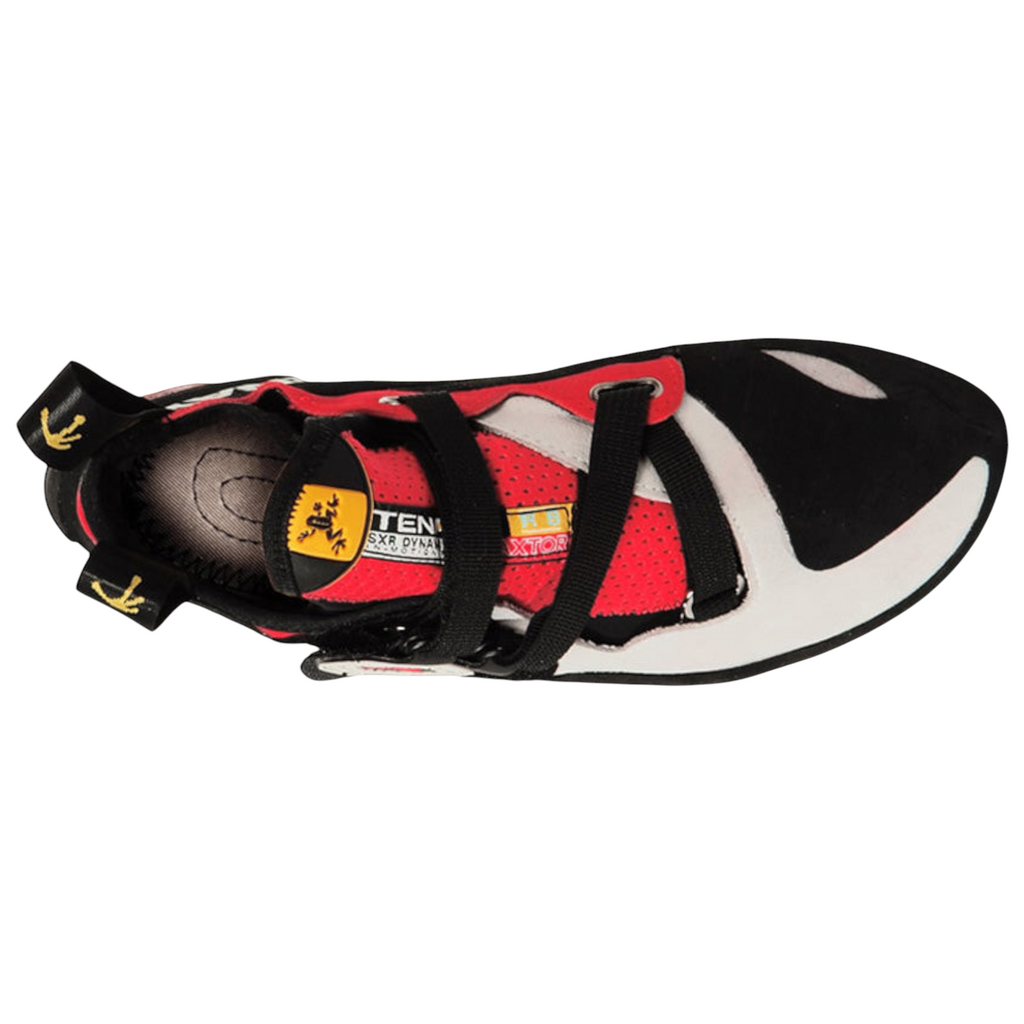 Chausson d'escalade 4c+ Iati rouge et noir avec système de serrage velcro Draxtor pour une précision maximale