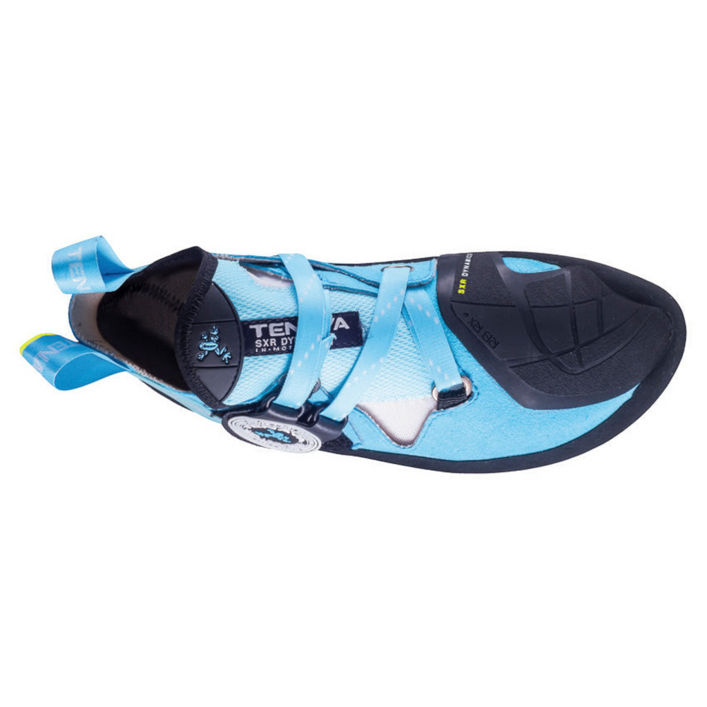 Chausson d'escalade technique 4c+ Indalo bleu avec système de serrage velcro Draxtor et semelle Vibram haute performance