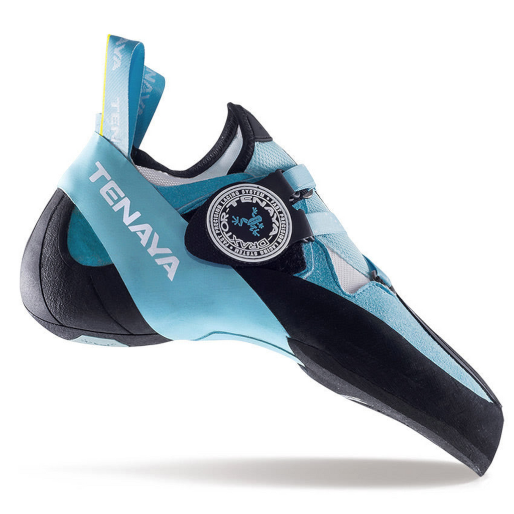 Chausson d'escalade technique 4c+ Indalo bleu clair avec système de serrage velcro Draxtor et semelle Vibram XS Grip