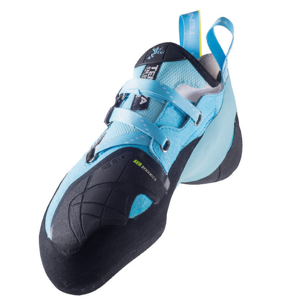 Chausson d'escalade 4c+ Indalo bleu ciel technique avec semelle Vibram XS Grip et système de serrage velcro Draxtor