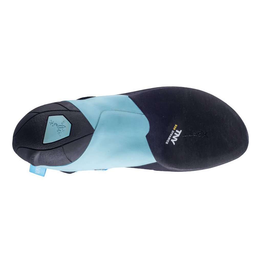Chausson d'escalade 4c+ Indalo bleu et noir avec semelle Vibram XS Grip, vue de dessous pour une précision maximale.