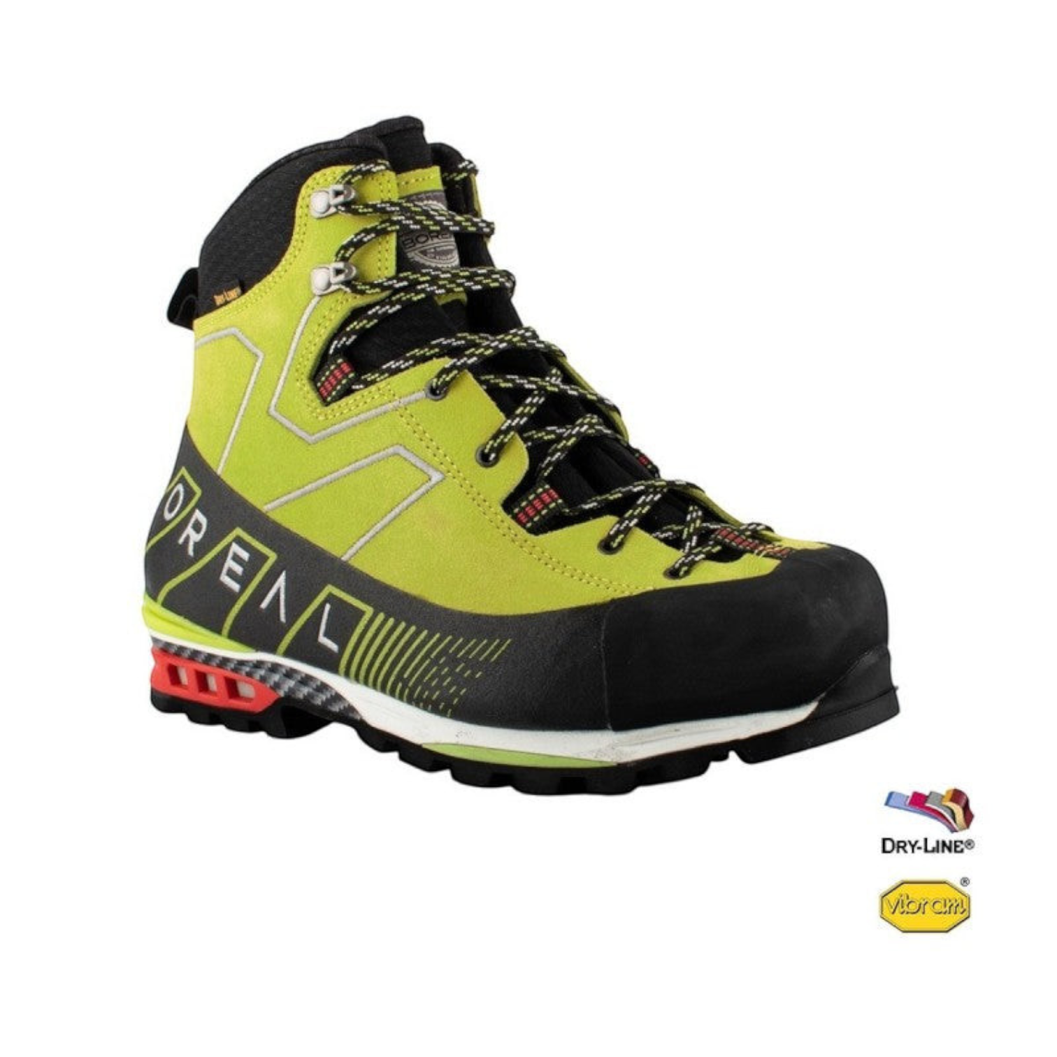 Chaussure d'alpinisme Boreal Nelion jaune et noire pour 4c+ avec semelle Vibram et membrane imperméable Dry-Line