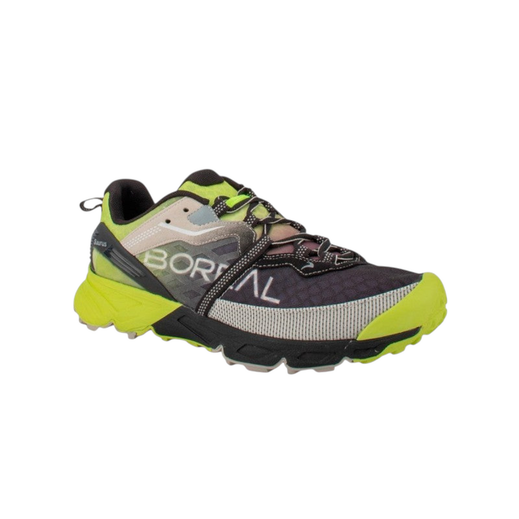 Chaussure d'approche 4c+ Boreal Saurus noire et jaune fluo, conçue pour les terrains techniques et exigeants.
