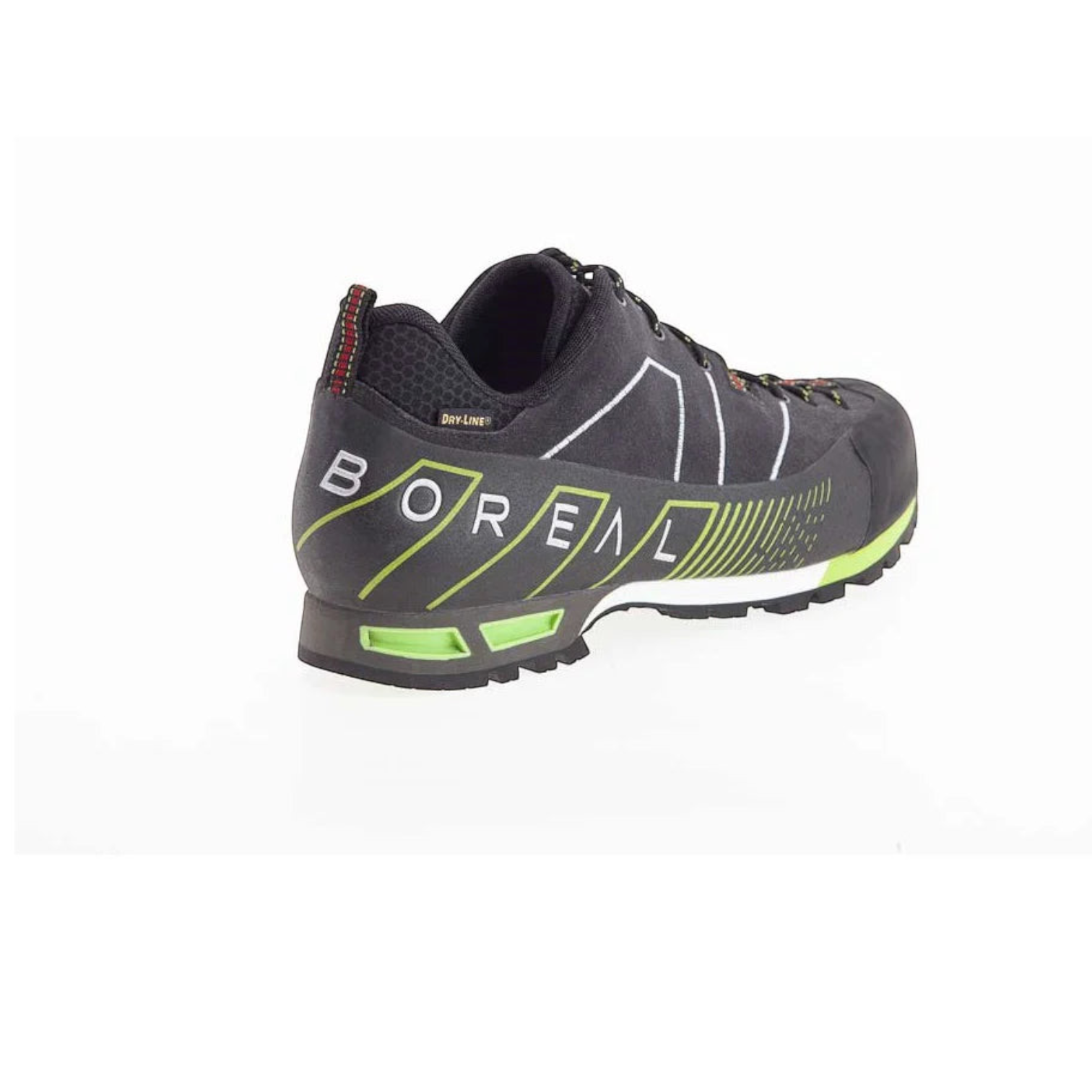 Chaussure de randonnée Boreal Drom noire et vert fluo avec membrane imperméable, vue arrière, disponible chez 4c+