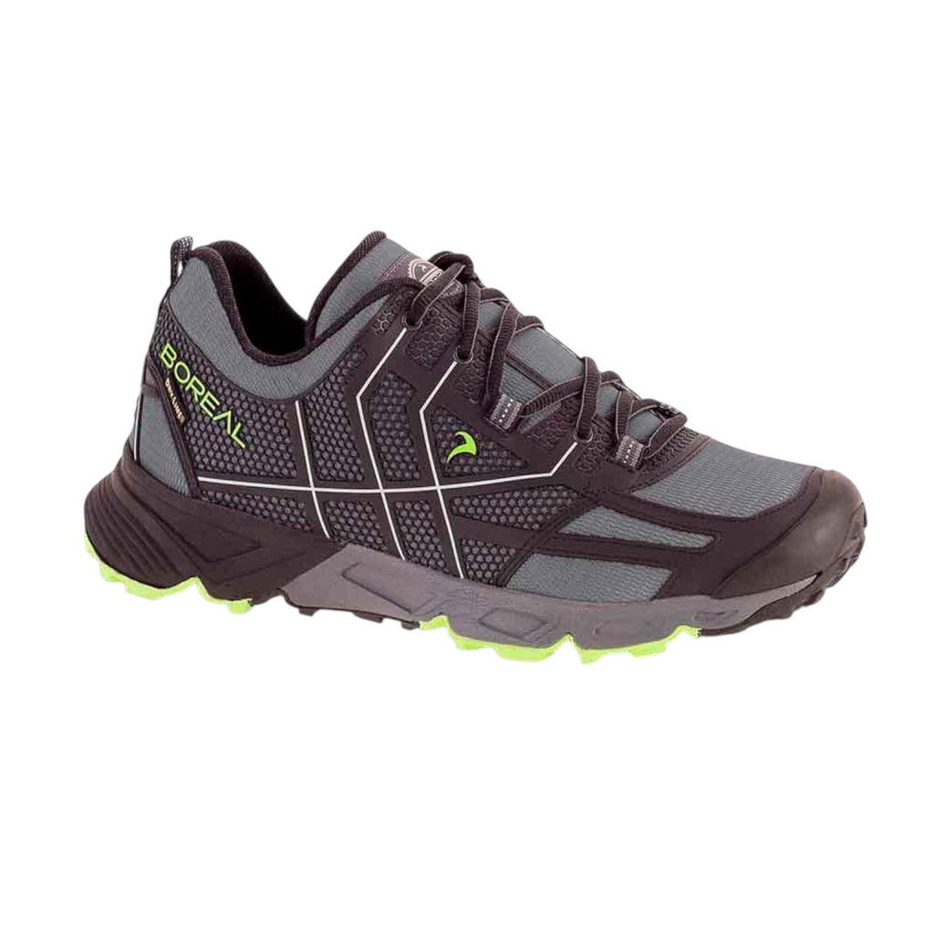 Chaussure de trail imperméable 4c+ Boreal Tsunami Low grise et noire avec détails vert fluo pour sentiers techniques