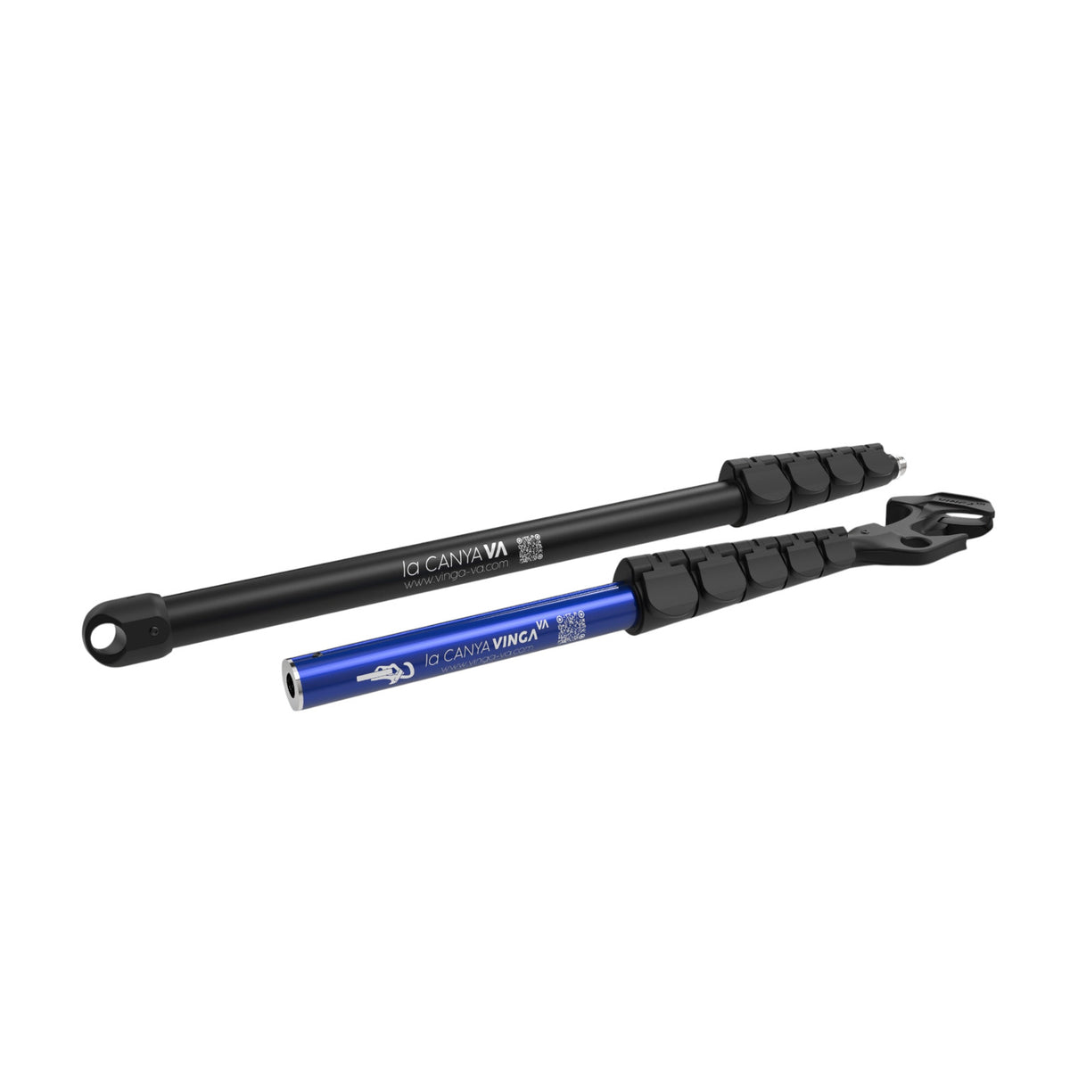 Clipstick telescópico 4c+ La Canya Vinga Va con dos perchas modulares en azul y negro para escalada