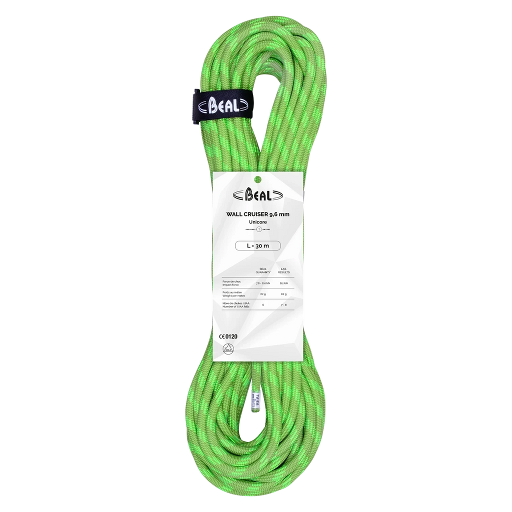Corde d'escalade dynamique 4c+ Beal Wall Cruiser 9.6 Unicore de couleur vert fluo, idéale pour débutants en salle.
