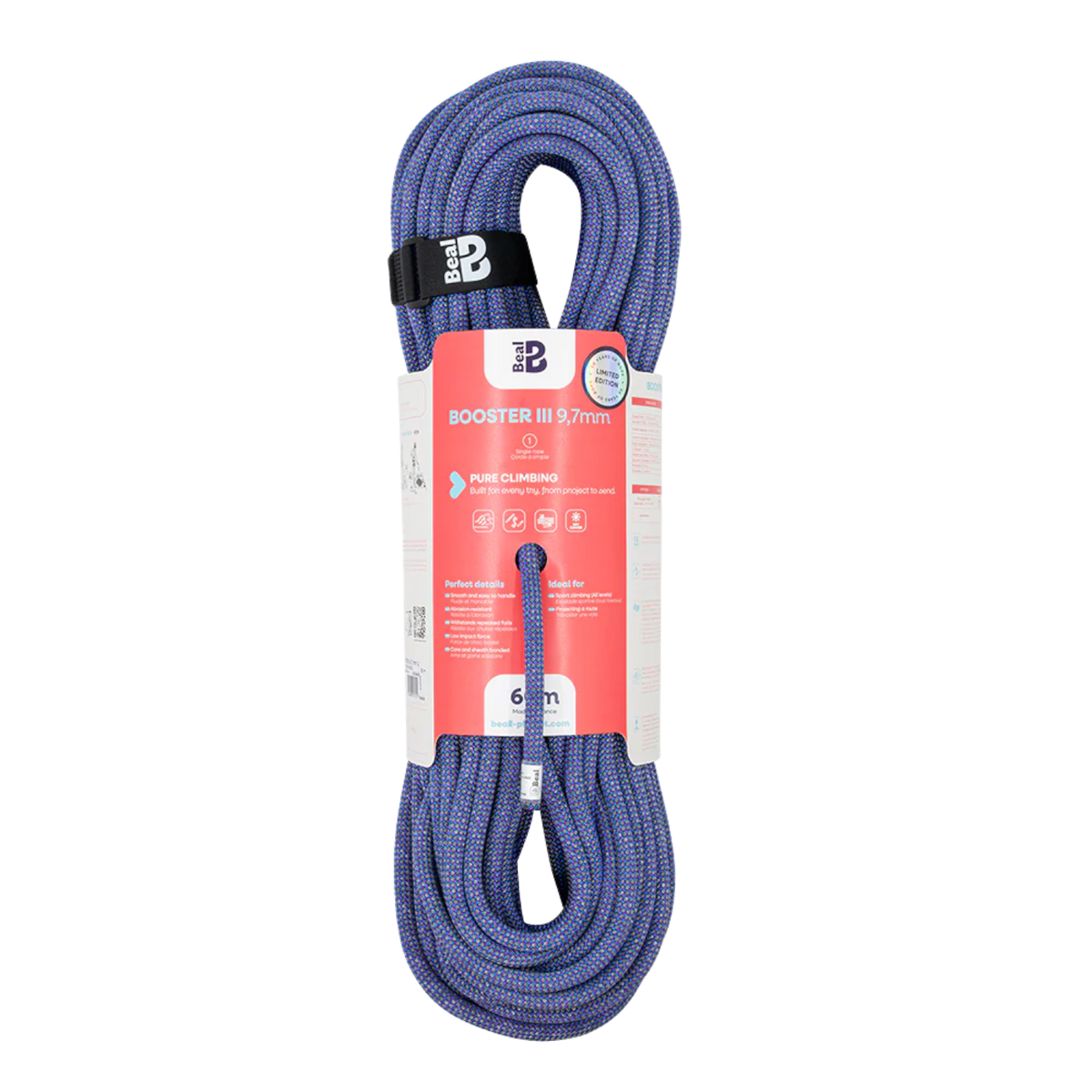 Corde d'escalade 4c+ Beal Booster 9.7 Unicore Dry Cover bleue et orange enroulée avec étiquette technique