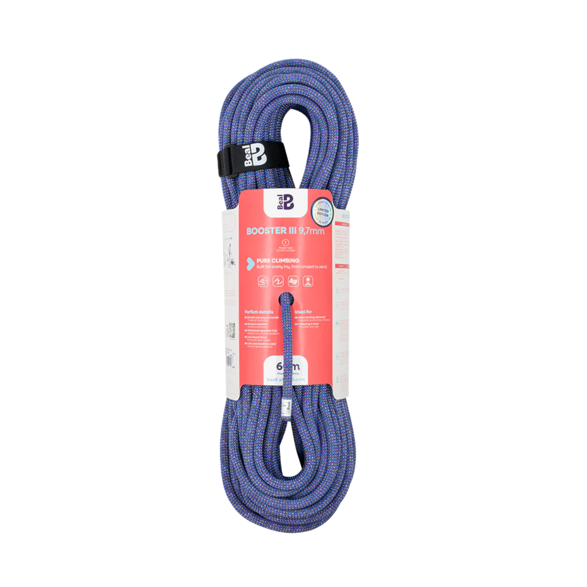 Corde d'escalade 4c+ Beal Booster 9.7 Unicore Dry Cover bleue et orange enroulée avec étiquette technique