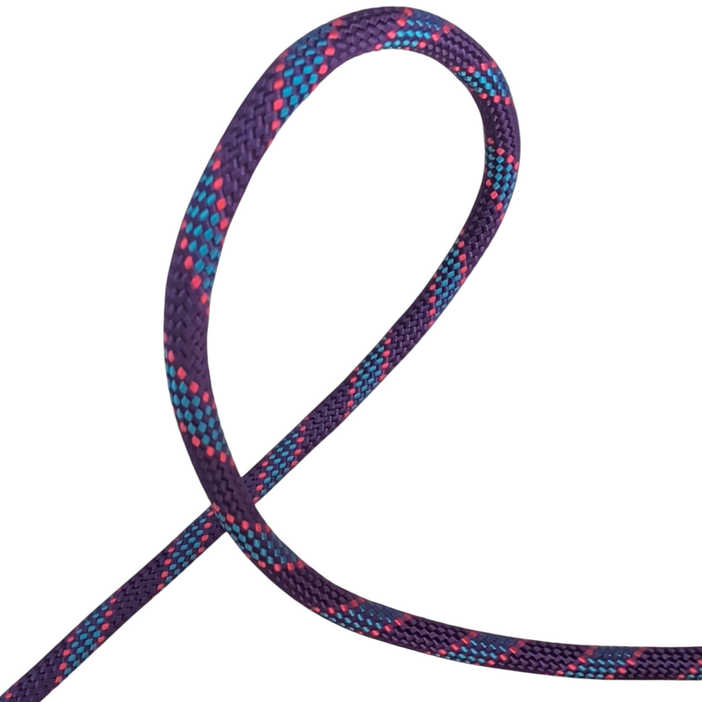 Cordelette 4c+ Aramide 5,5 mm violette avec motifs bleus et rouges pour le hissage en escalade