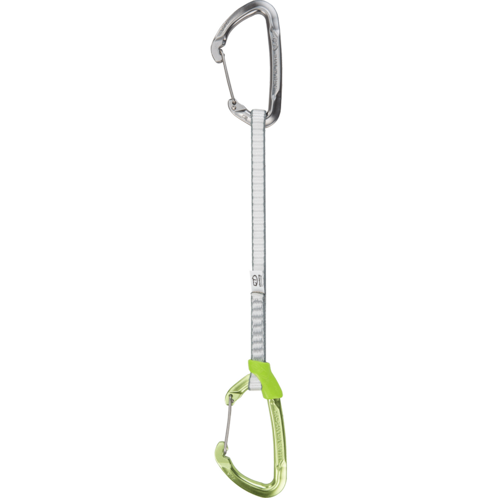 Dégaine 4c+ Lime Dyneema 22 cm avec sangle légère, mousqueton supérieur argenté et mousqueton inférieur vert