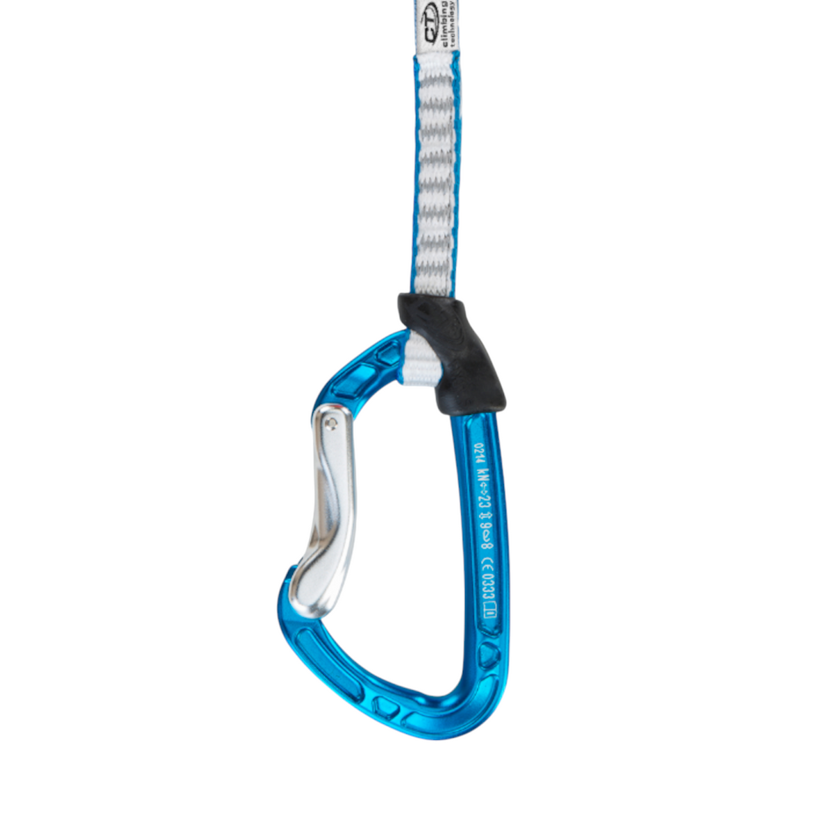 Dégaine 4c+ Lime Dyneema 22 cm avec mousqueton bleu et sangle blanche, équipée du système de maintien FIXIT