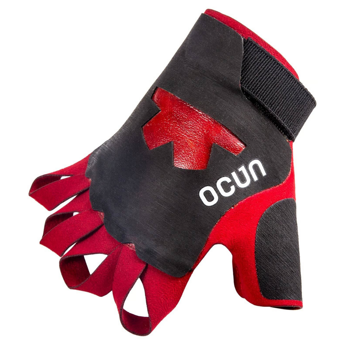 Gants d'escalade en fissure 4c+ Ocun Crack Gloves Pro rouges et noirs avec gomme adhérente et sangle ajustable