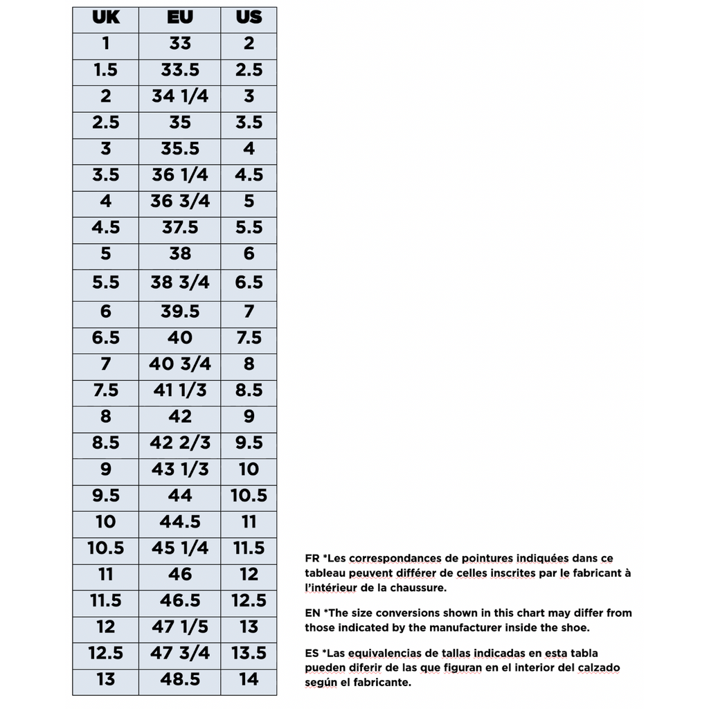 Tableau de correspondance des pointures 4c+ pour chaussures de randonnée avec équivalences UK, EU et US