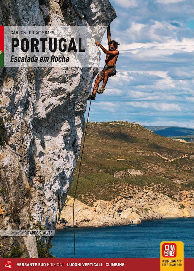 Couverture du guide d'escalade 4c+ Portugal montrant un grimpeur en pleine ascension sur une falaise côtière