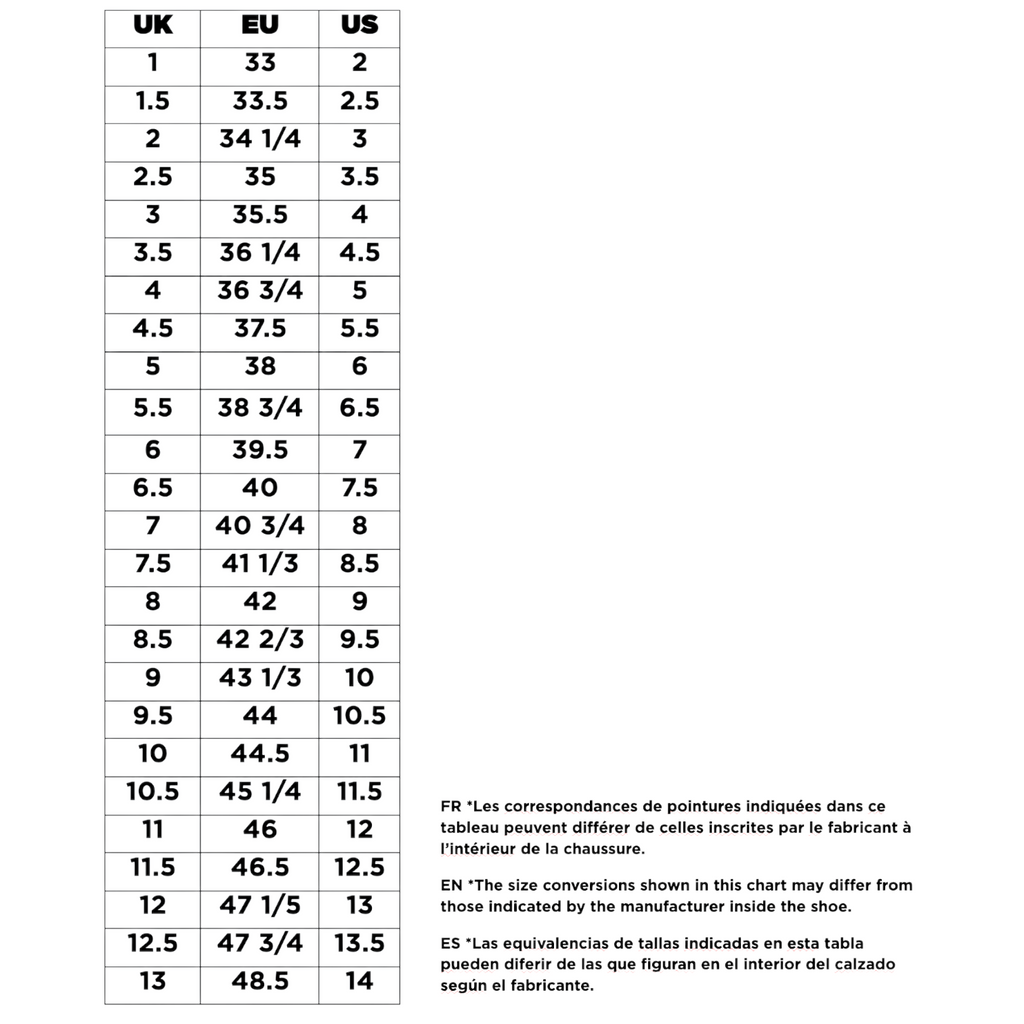 Tableau de correspondance des pointures 4c+ pour chaussures de trail Boreal Viper, du UK 1 au 13