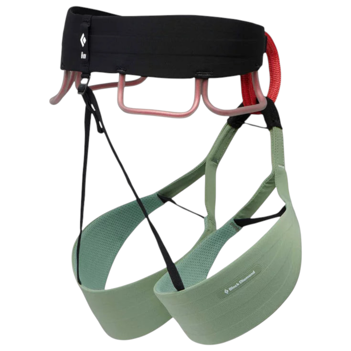 Harnais d'escalade femme 4c+ Black Diamond Solution vert sauge avec ceinture noire et porte-matériels ergonomiques