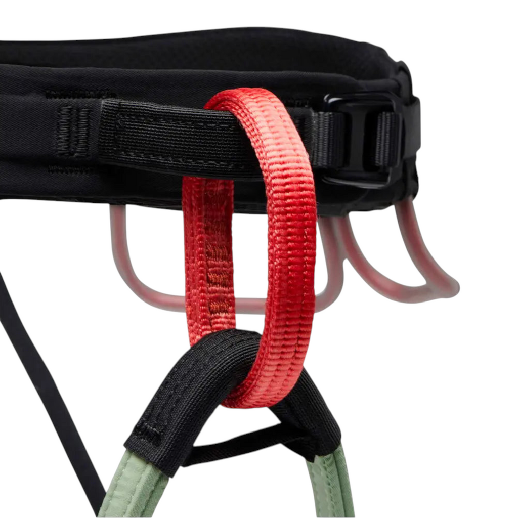 Détail du harnais d'escalade 4c+ Women's Solution Harness avec porte-matériel rouge et sangle de sécurité