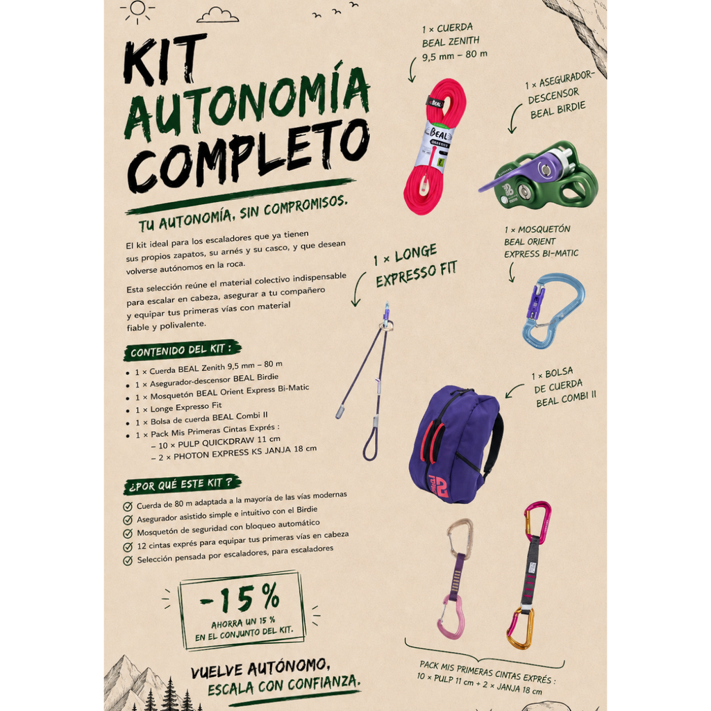 Kit d'autonomie escalade 4c+ comprenant corde Beal, assureur Birdie, dégaines, longe et sac à corde pour grimpeurs