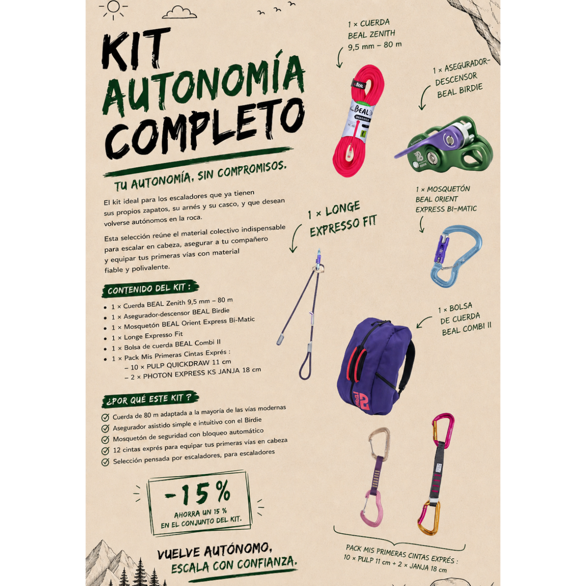 Kit d'autonomie escalade 4c+ comprenant corde Beal, assureur Birdie, dégaines, longe et sac à corde pour grimpeurs