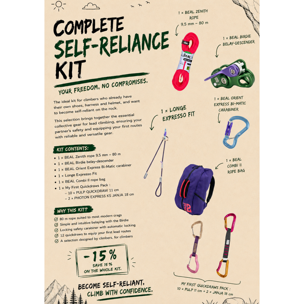 Kit d'autonomie 4c+ pour l'escalade en falaise comprenant corde, assureur Birdie, mousquetons, longe et sac à corde.