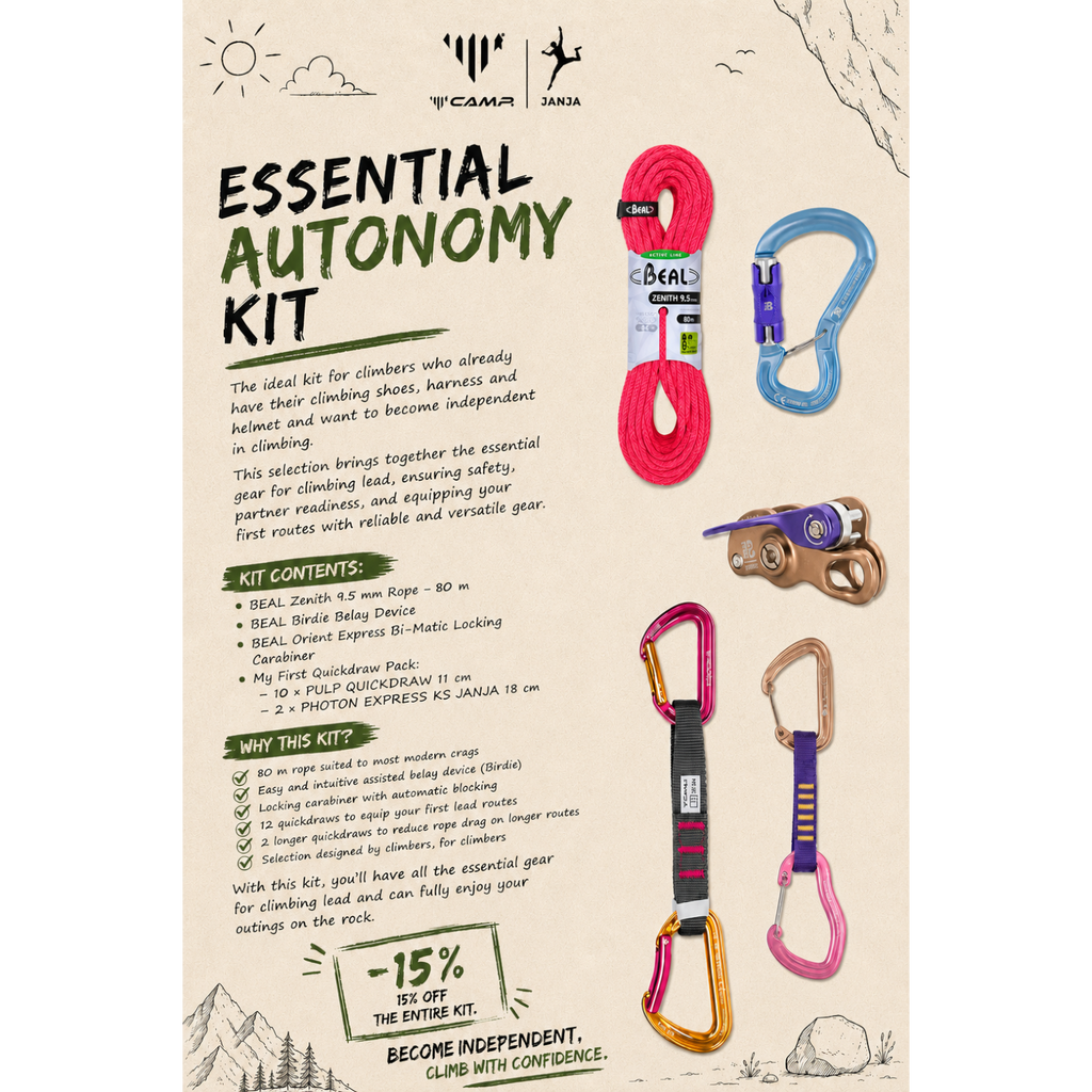 Kit d'autonomie 4c+ pour l'escalade en falaise incluant corde Beal, assureur Birdie, mousqueton et 12 dégaines