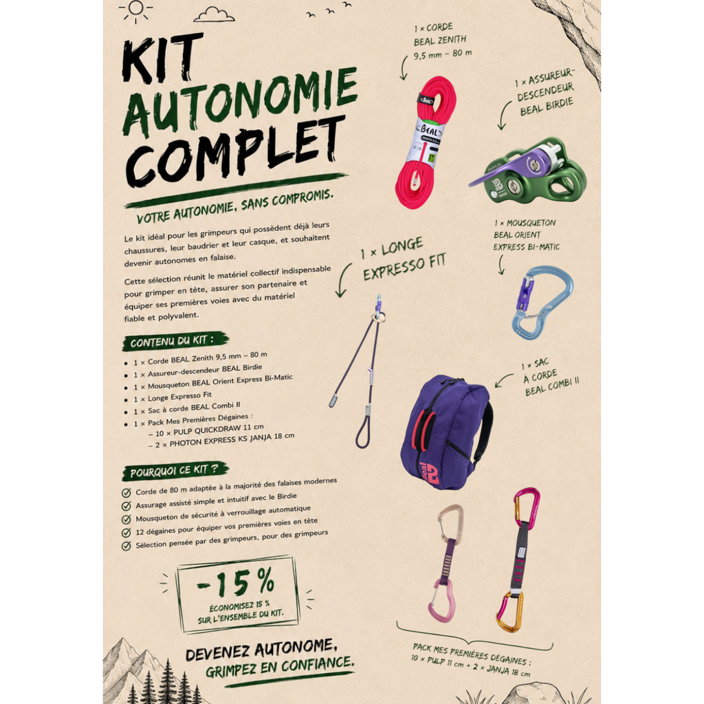 Kit d'escalade complet 4c+ incluant corde Beal, assureur Birdie, dégaines et sac à corde pour grimpeurs autonomes